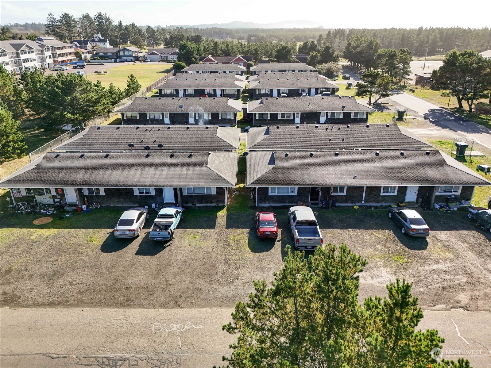 an aerial view of a house with garden