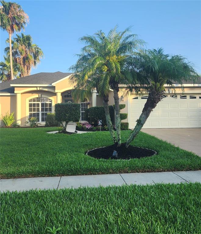 a front view of a house with a yard and trees