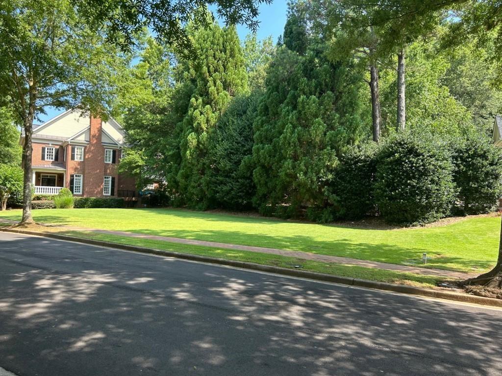 a view of a house with a yard and a large tree