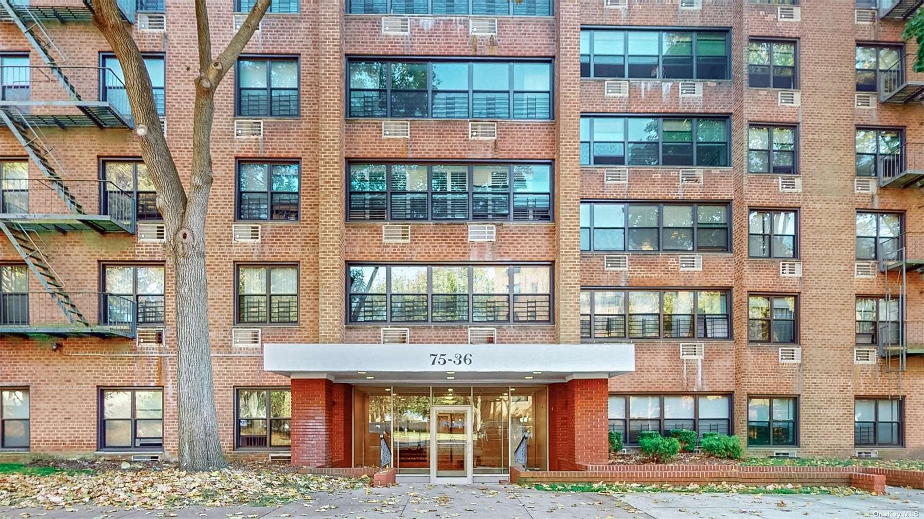 a front view of a building and a yard