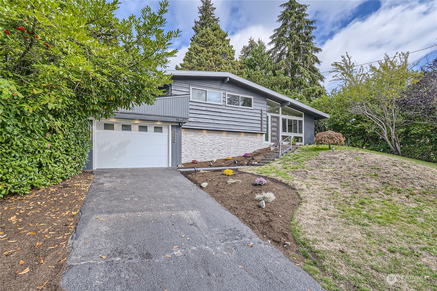 a view of a house with a yard and garage