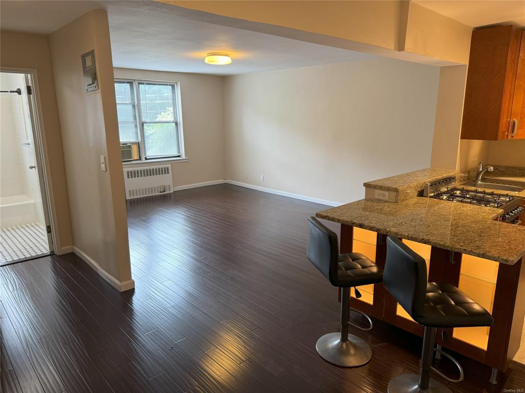 Featuring dark hardwood / wood-style floors and radiator