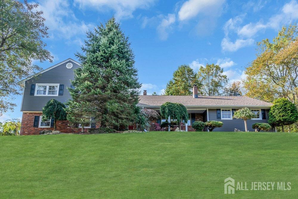 a front view of house with yard and green space