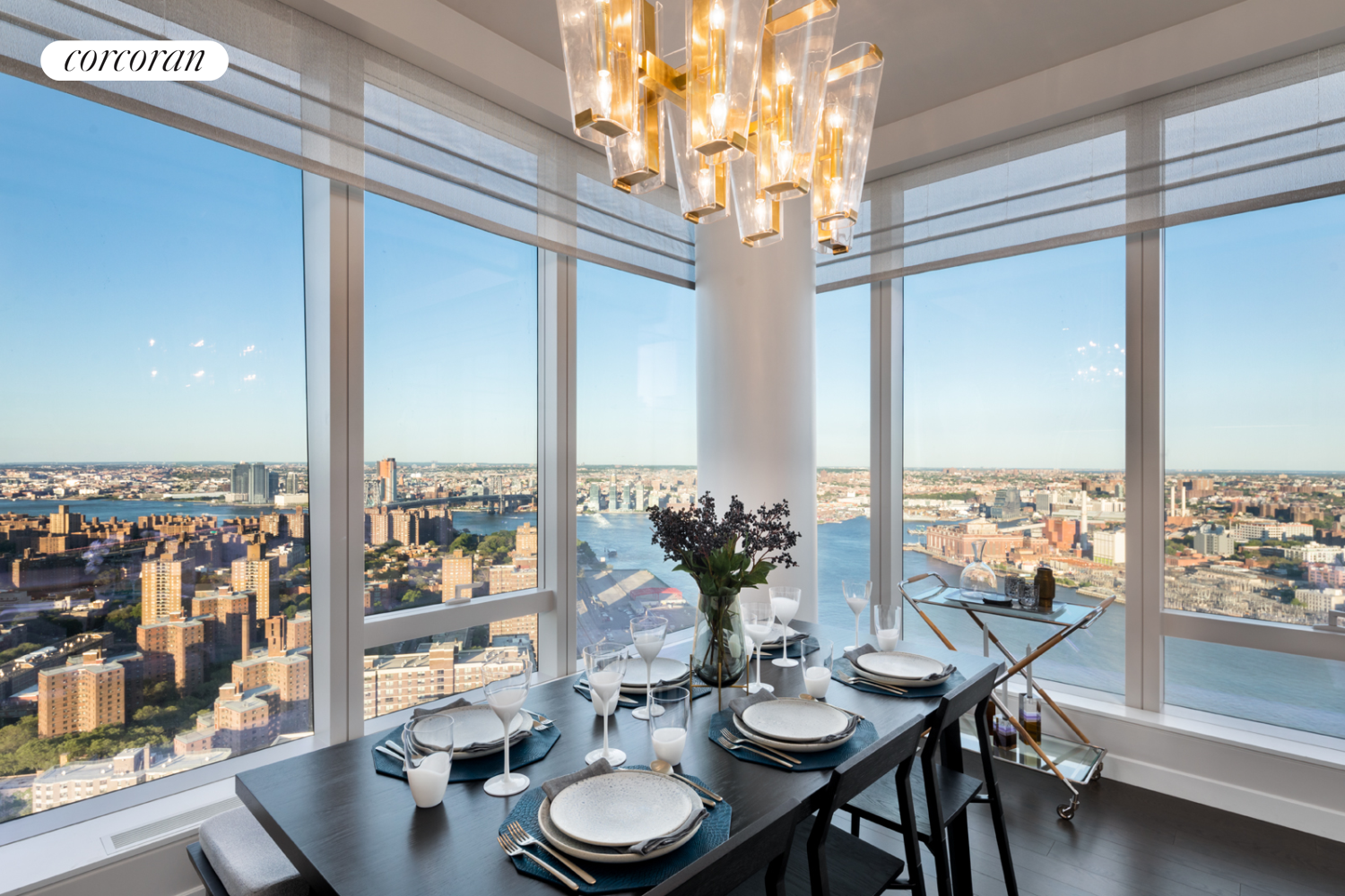 a view of a dining room with furniture window and outside view