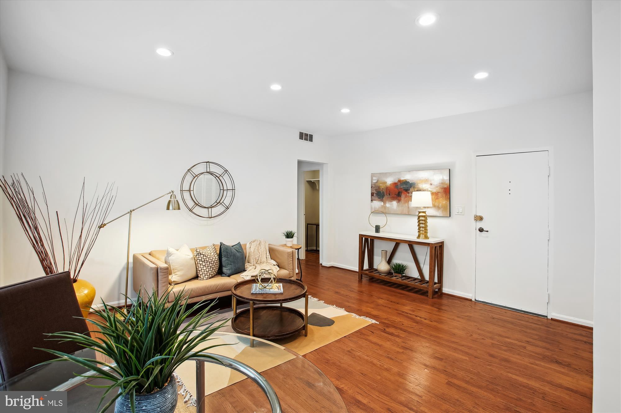 a living room with furniture a rug and a potted plant