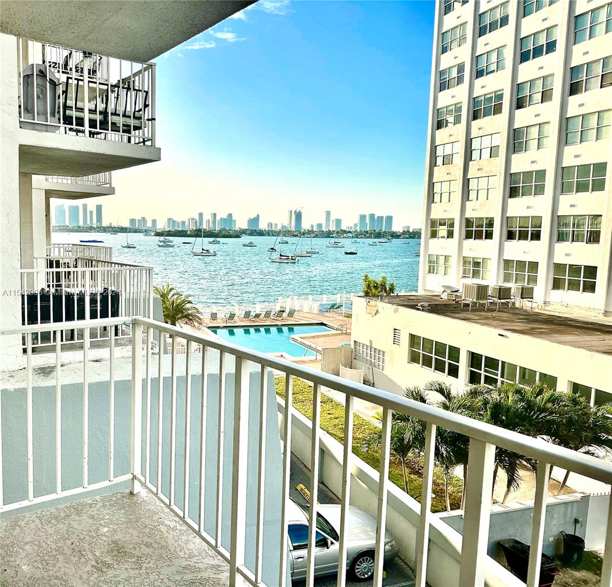 a view of a building from a balcony