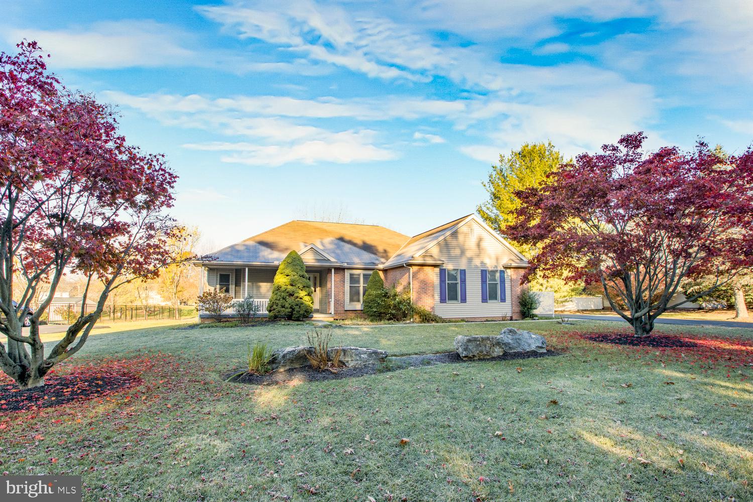 a front view of a house with a yard and trees