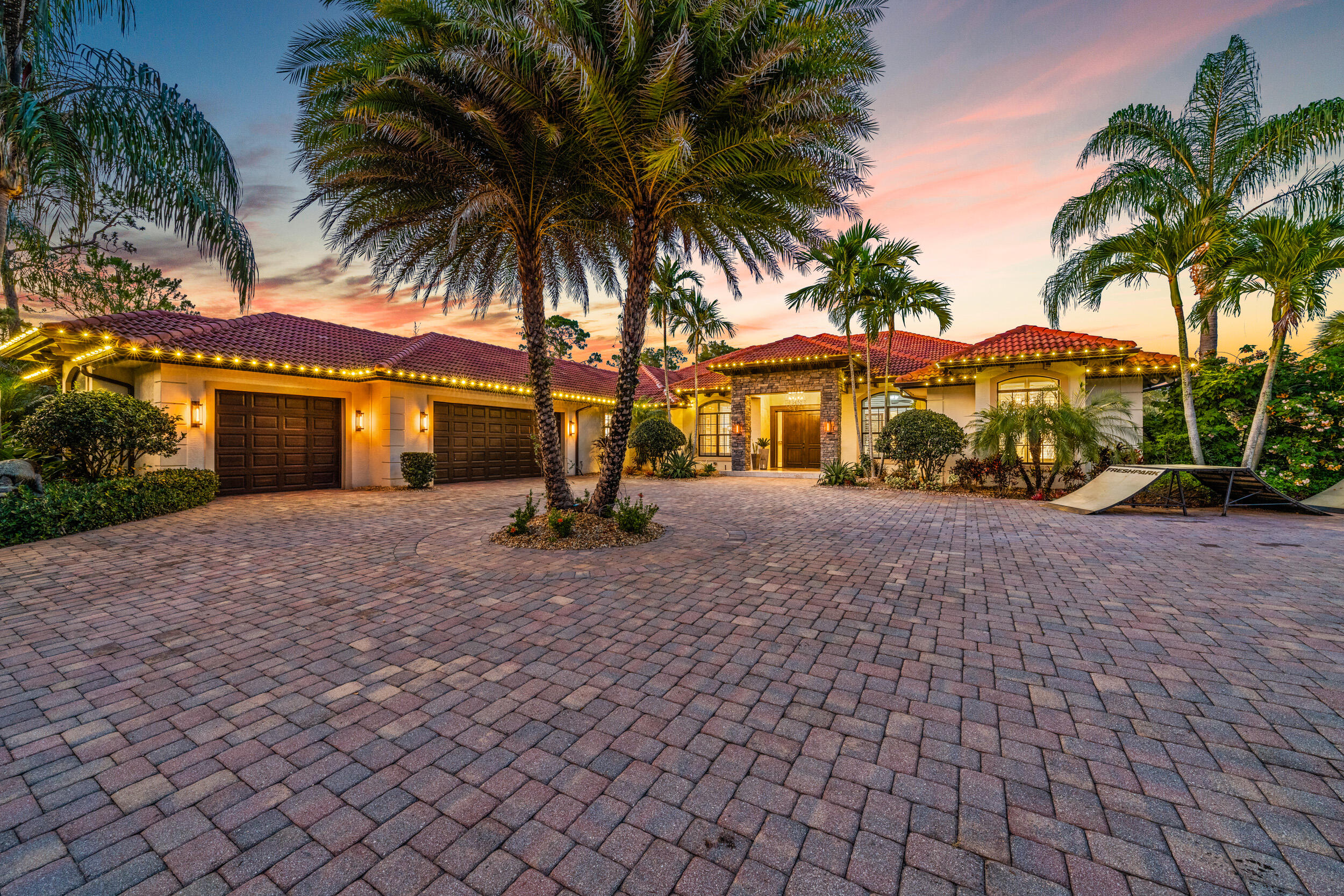 a front view of house with yard and palm tree