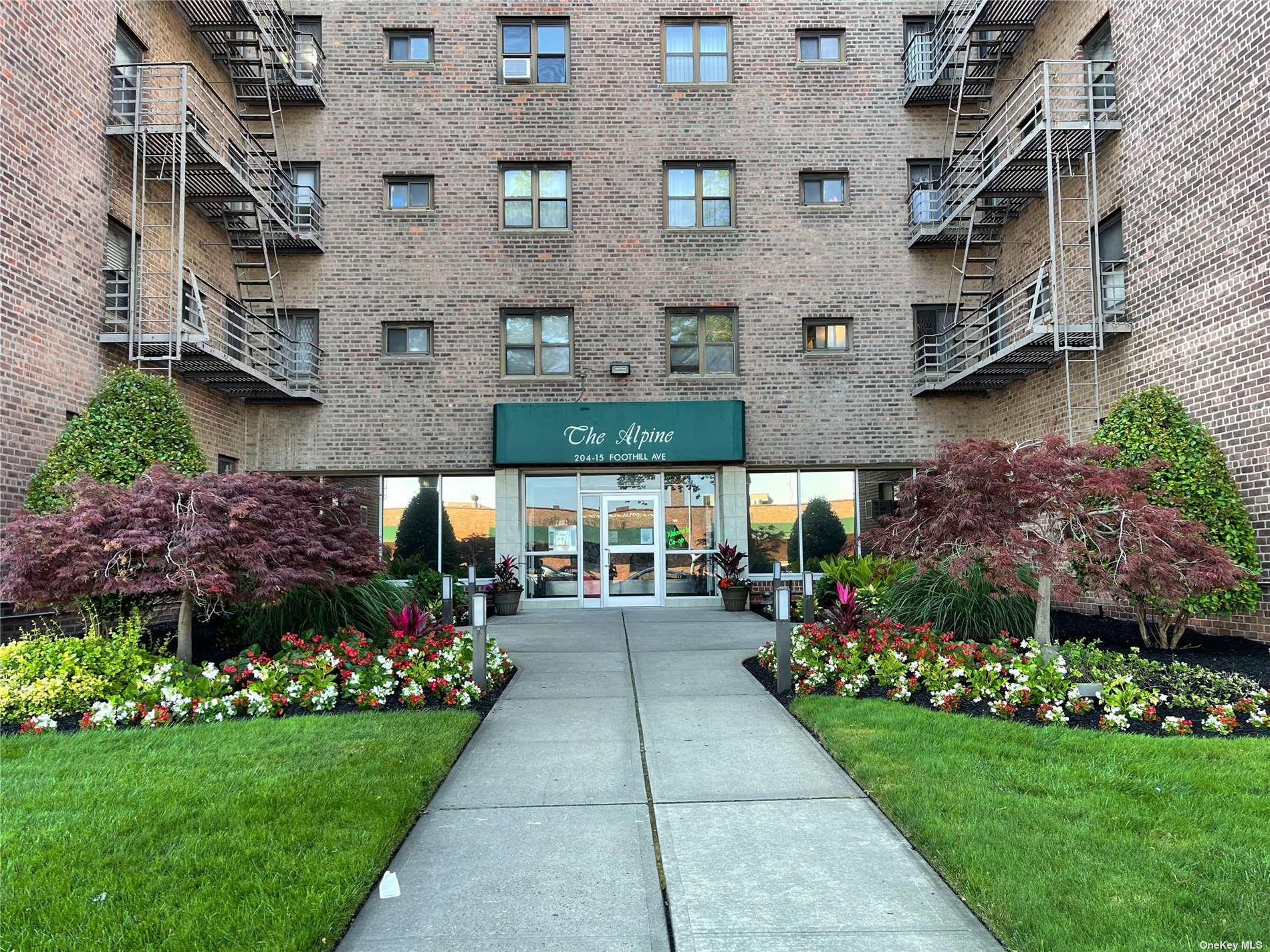 a view of a bunch of flowers in front of house