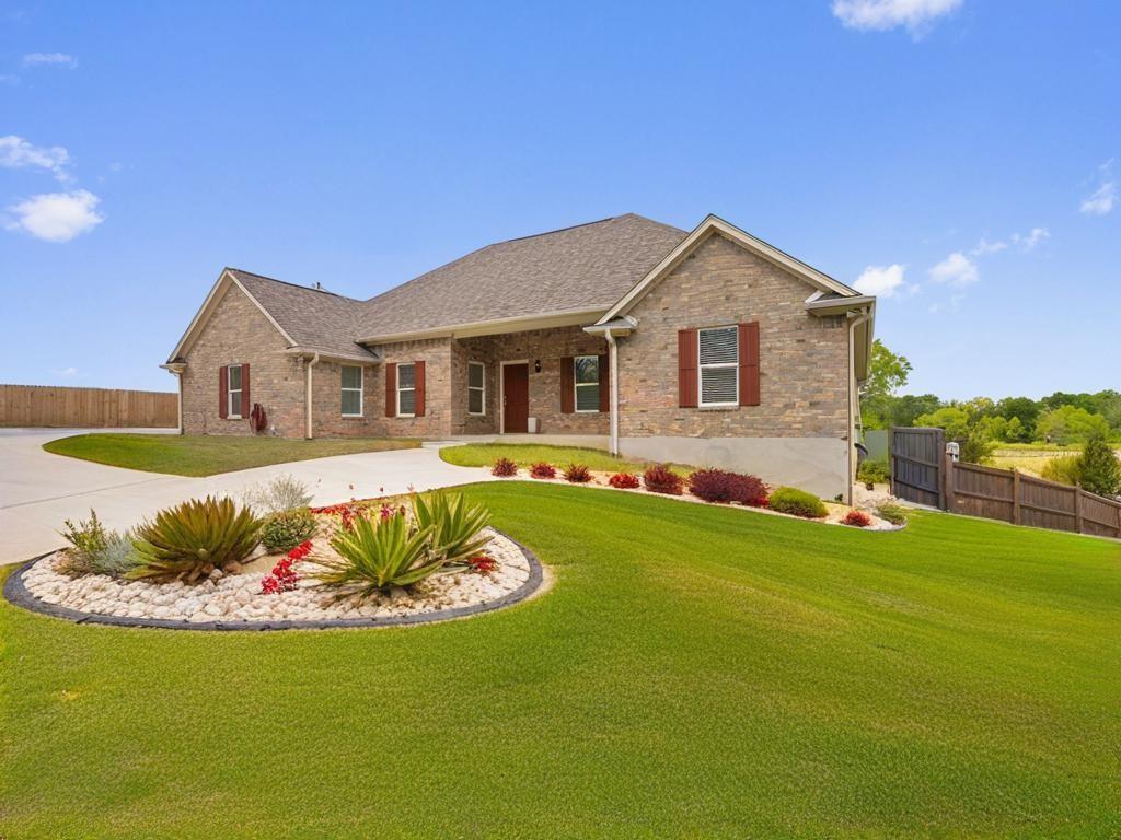 a front view of a house with a garden and yard