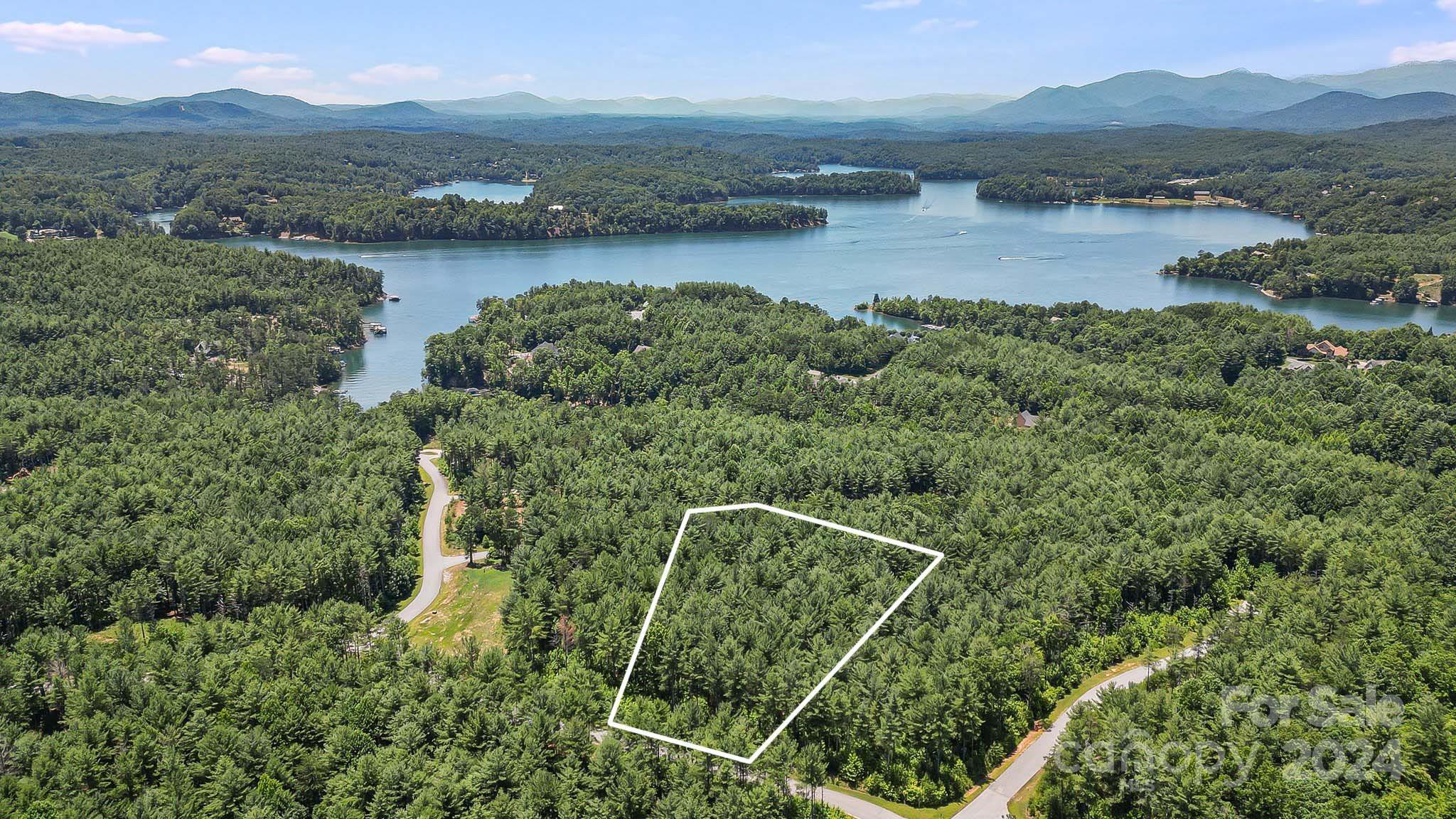 an aerial view of valley and lake