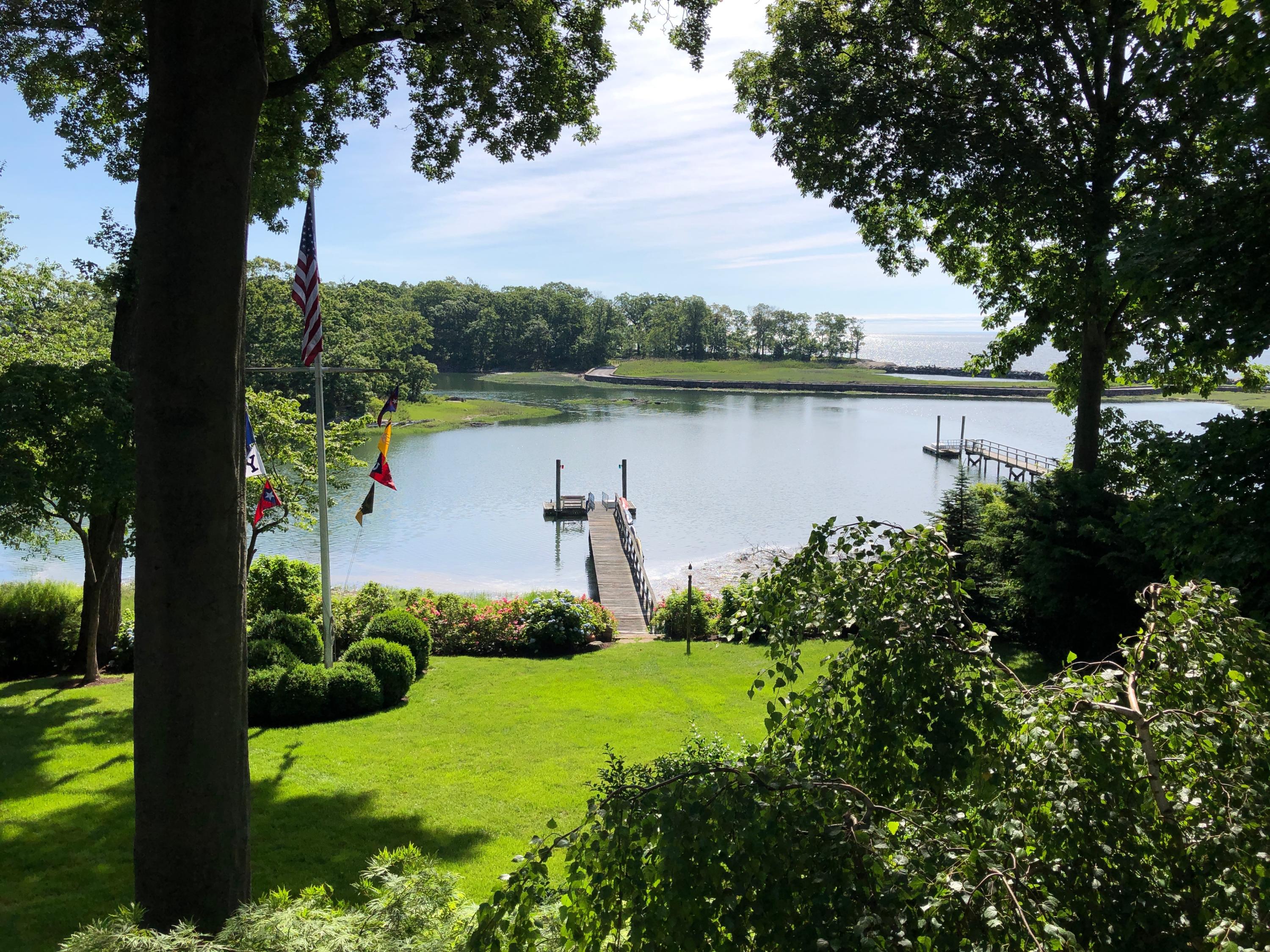 a view of a lake with houses in the back