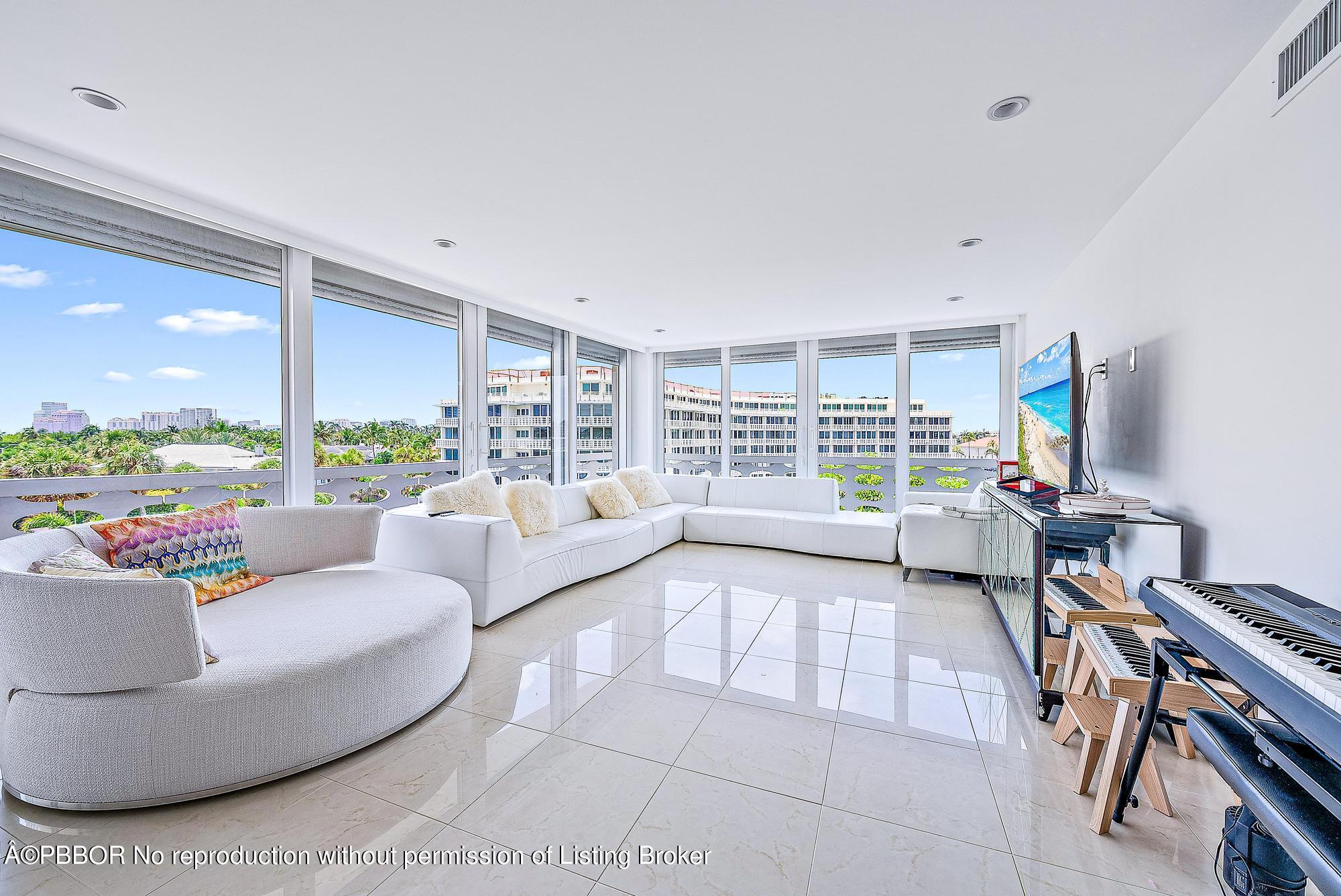 a living room with furniture and a floor to ceiling window