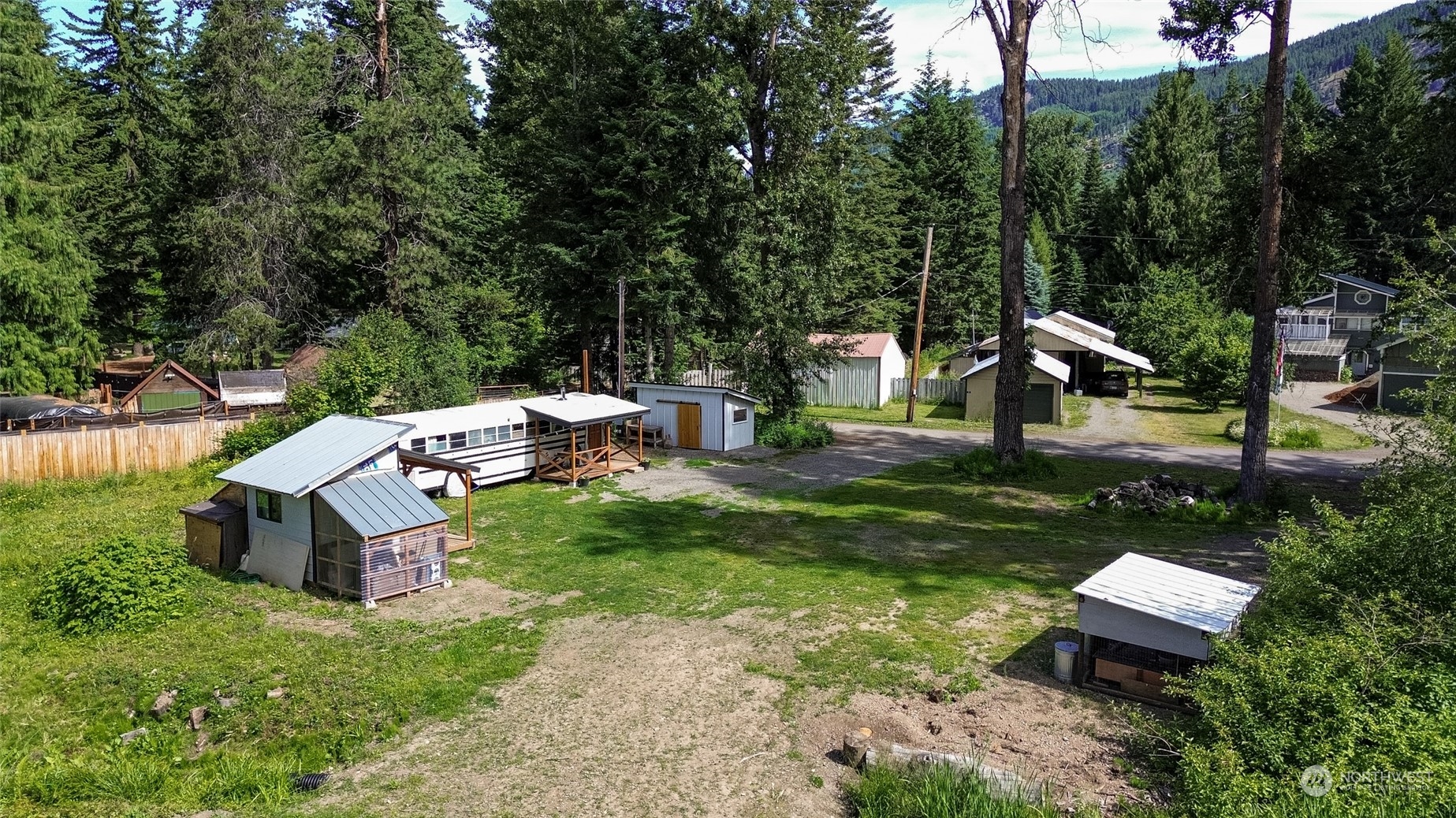 a view of a garden with a slide