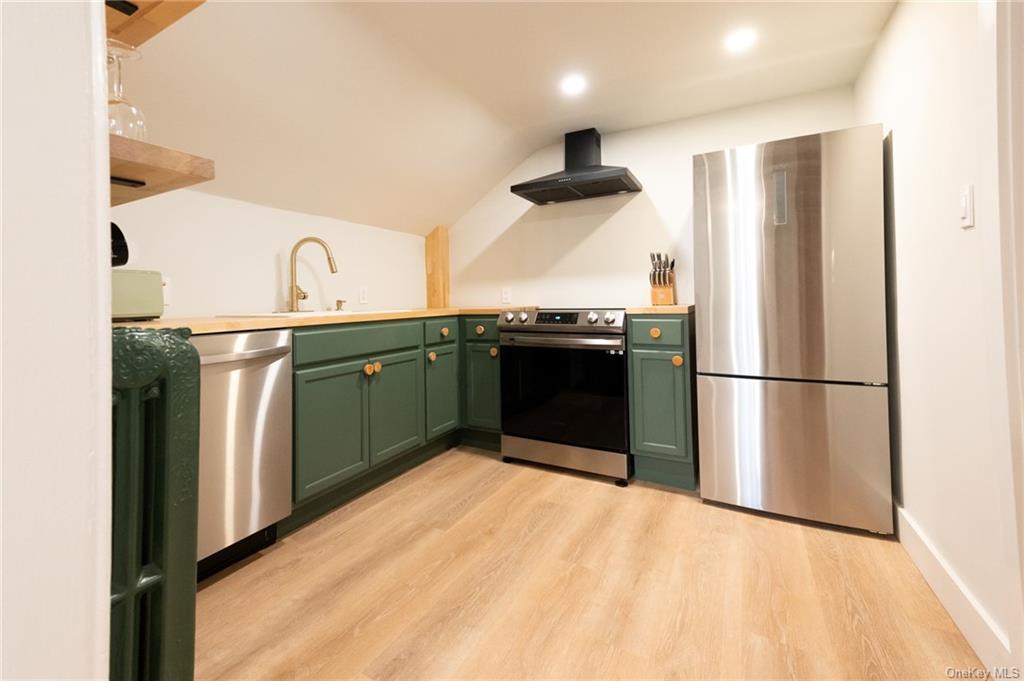 Kitchen with appliances with stainless steel finishes and green cabinets