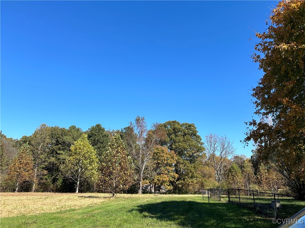 a view of a field with a tree in the background