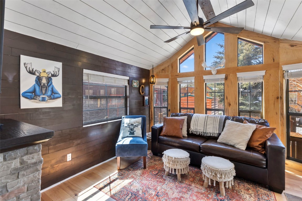 a living room with furniture a ceiling fan and a rug