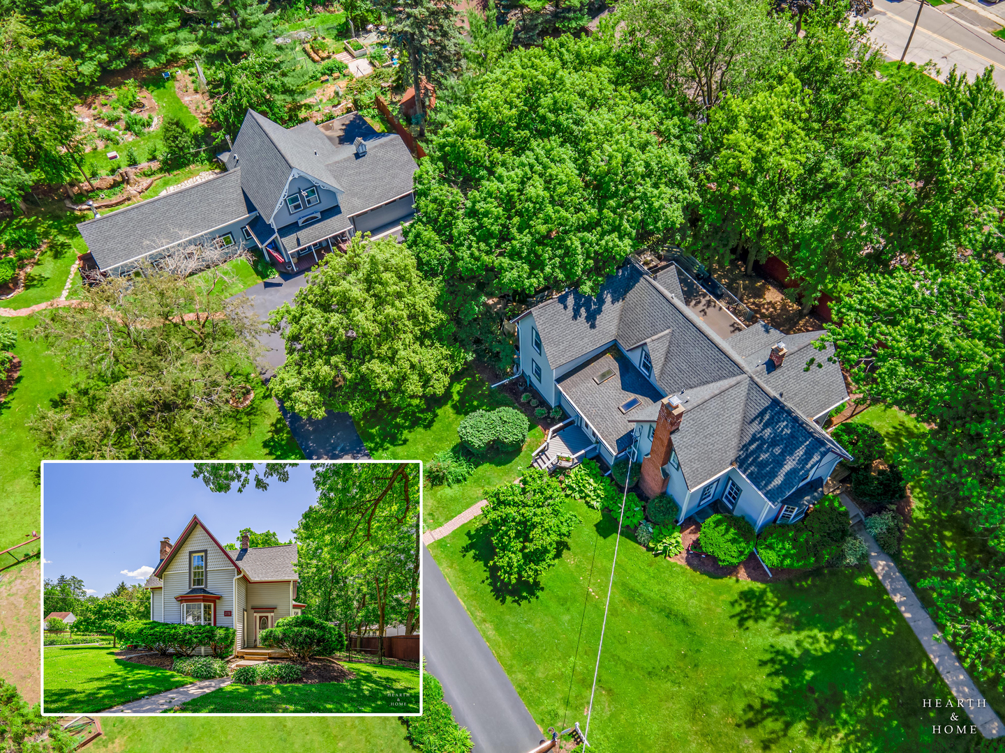 an aerial view of a house with a garden