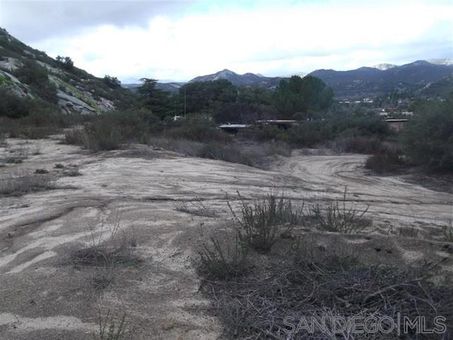 a view of a dry yard with mountains in the background