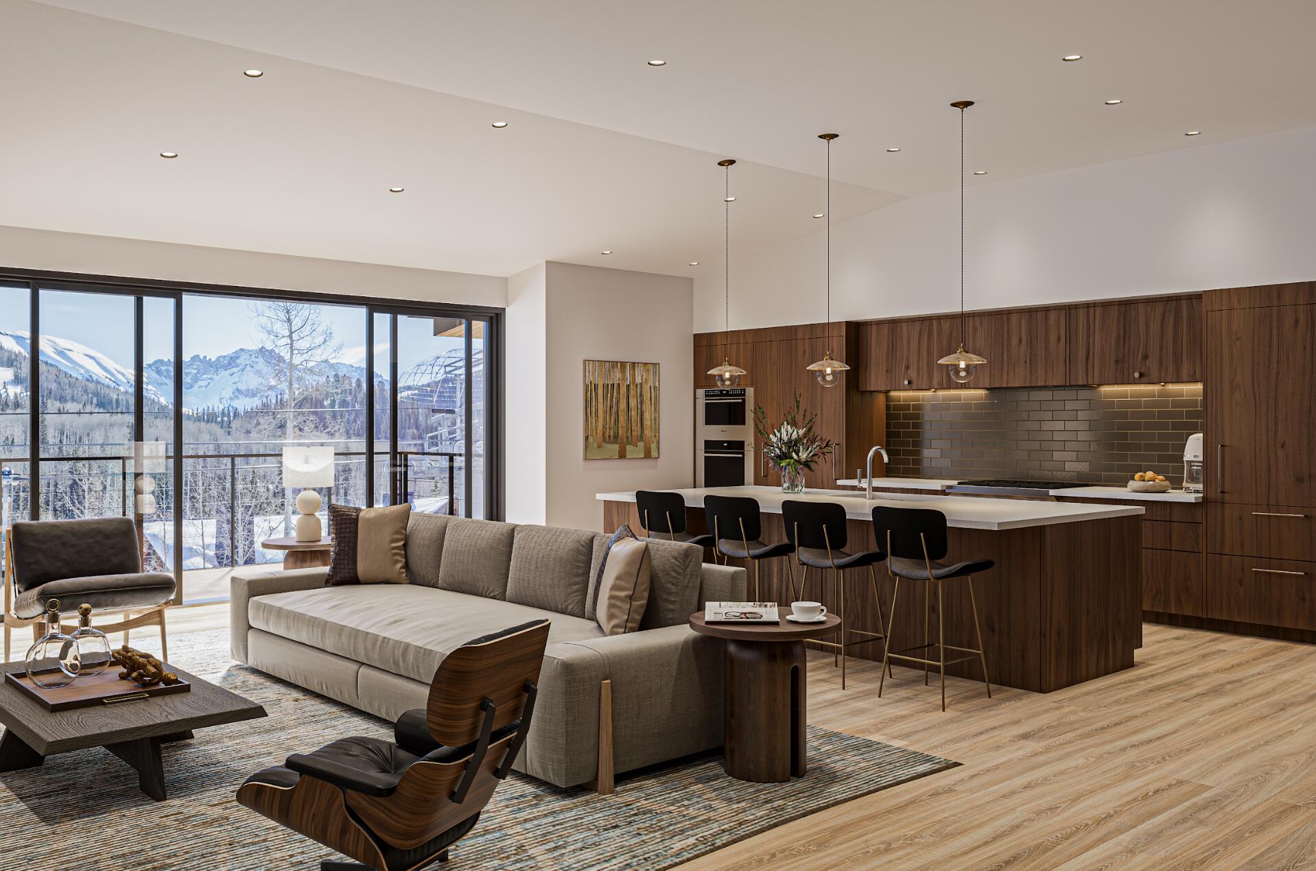 a living room with furniture a flat screen tv and a floor to ceiling window