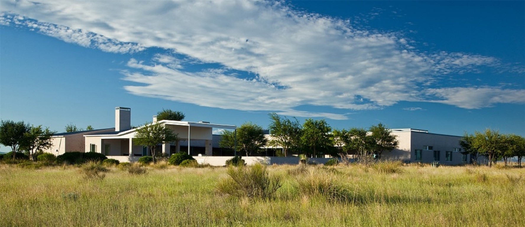 a house view with swimming pool and trees in the background