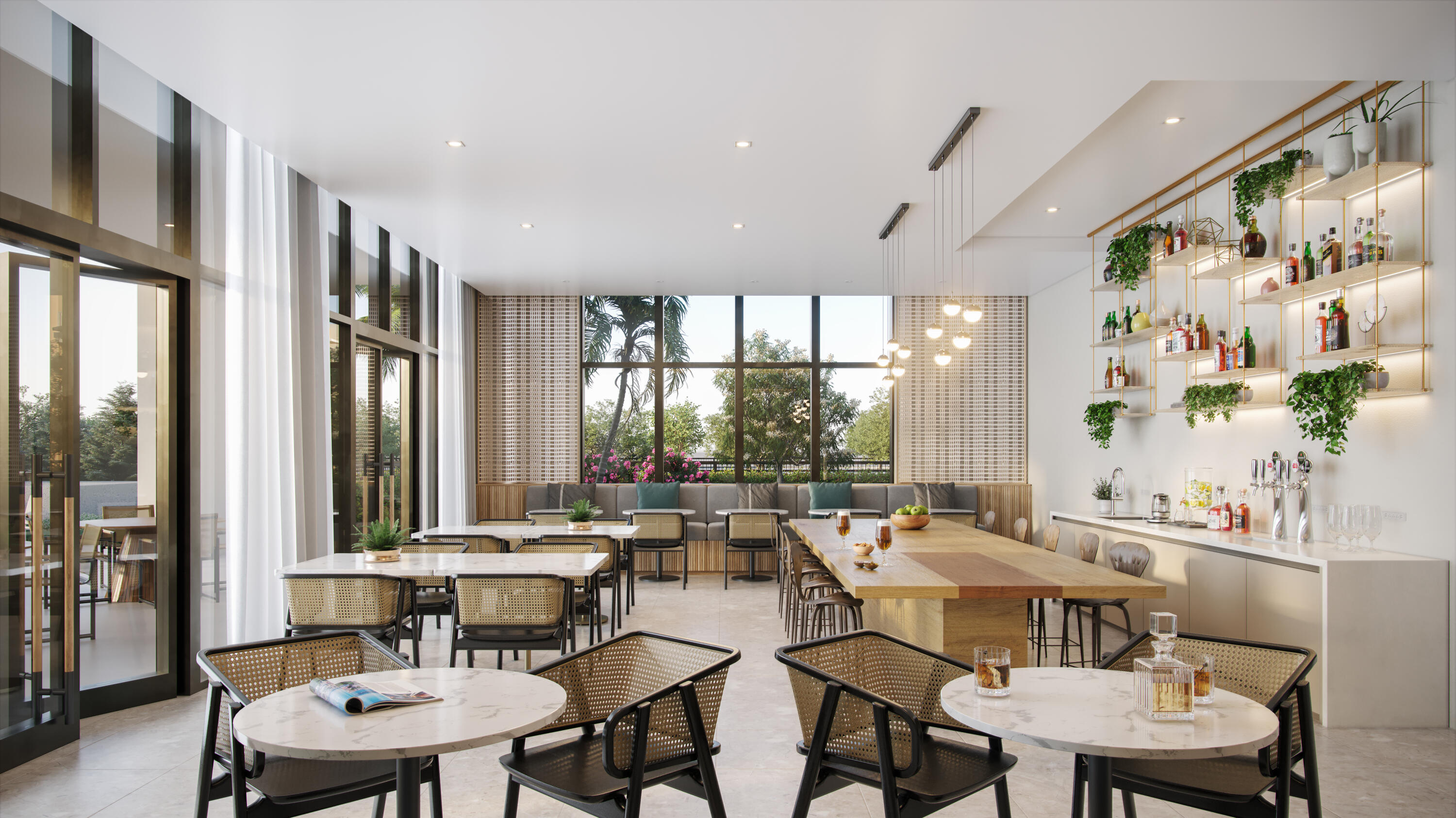 a dining room with furniture a large window and a chandelier