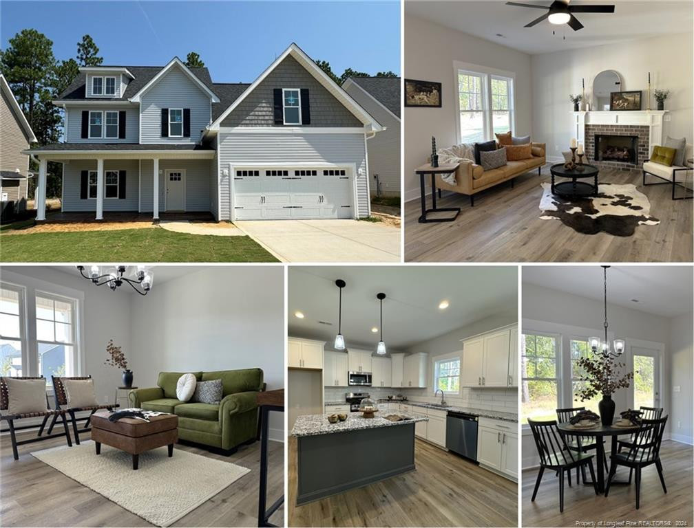 a view of living room kitchen with stainless steel appliances kitchen island granite countertop a table and chairs in it