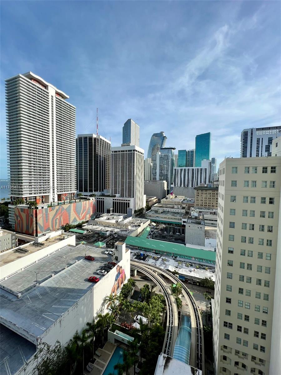 a view of a city from a living room