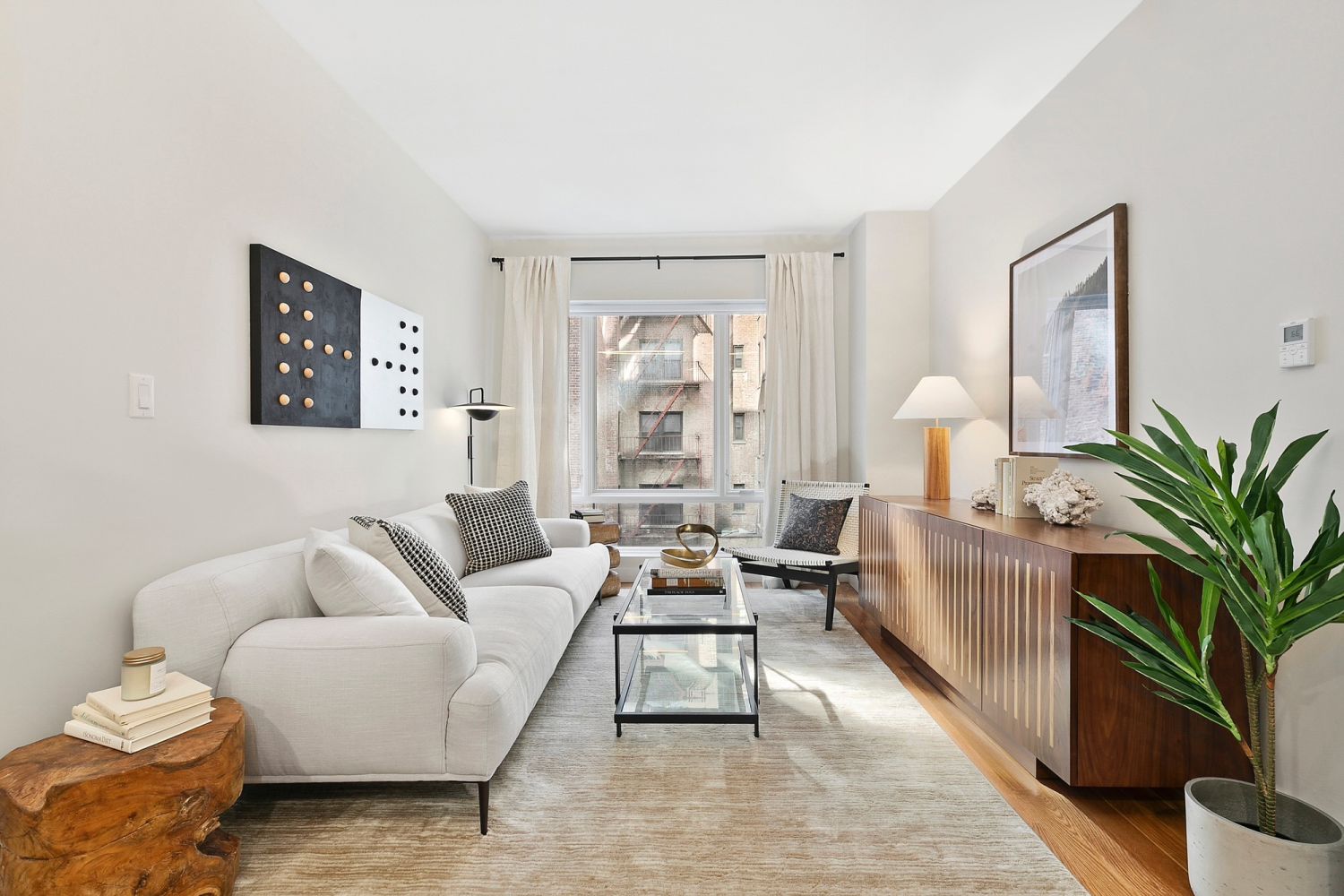 a living room with furniture and a potted plant