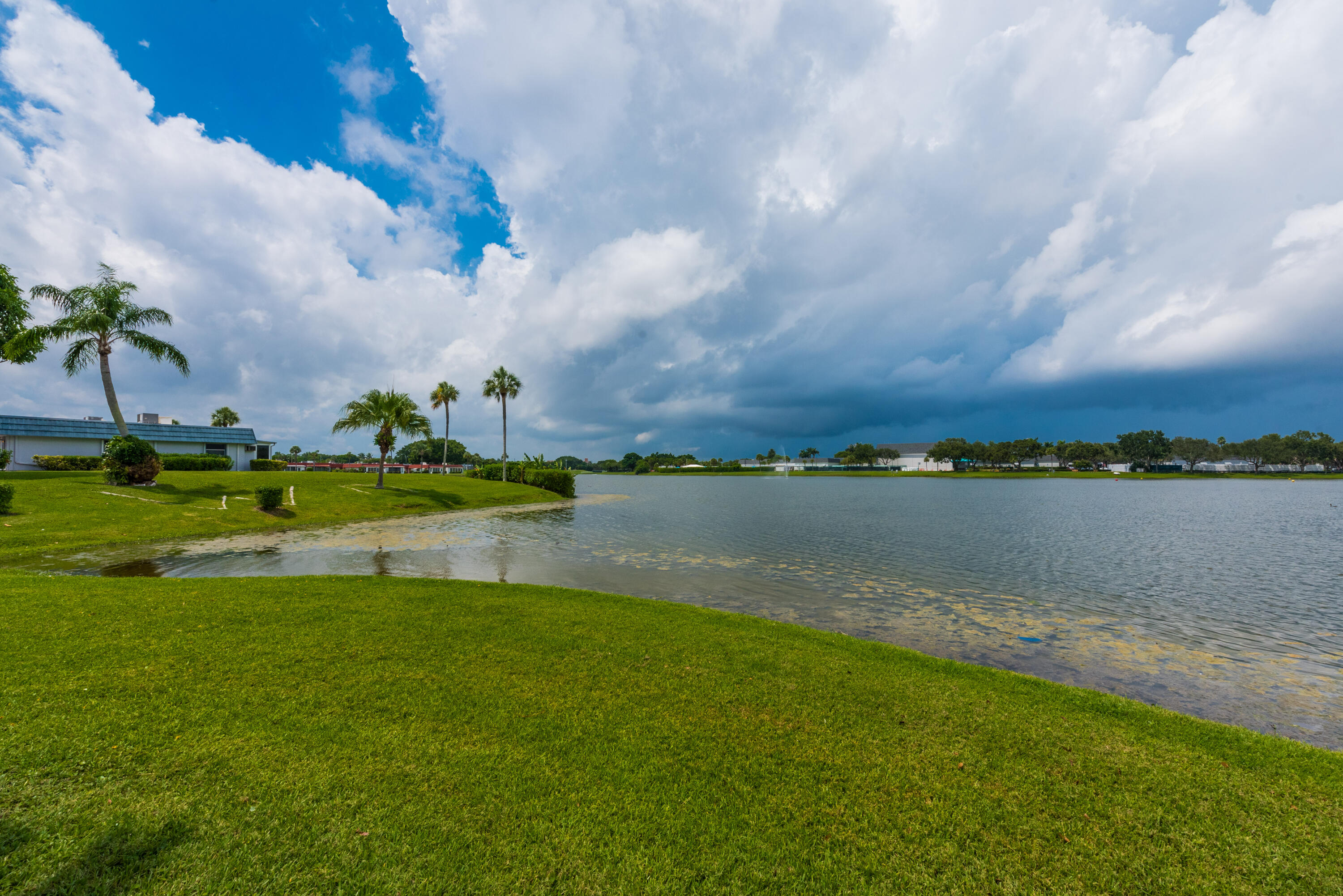 a view of a lake with houses in the background