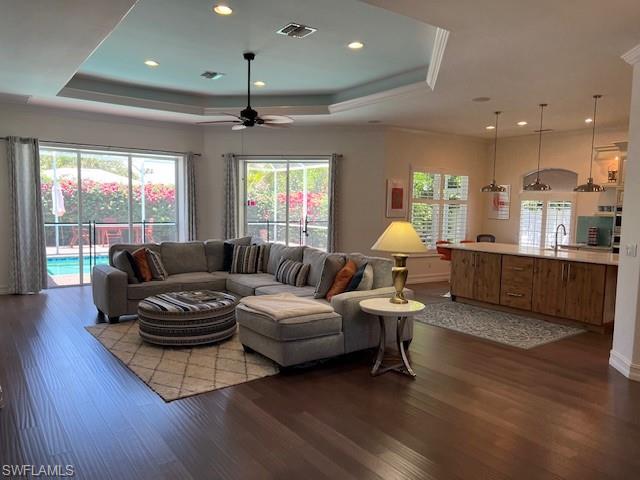 Living room with plenty of natural light, ceiling fan, a tray ceiling, and hardwood / wood-style flooring