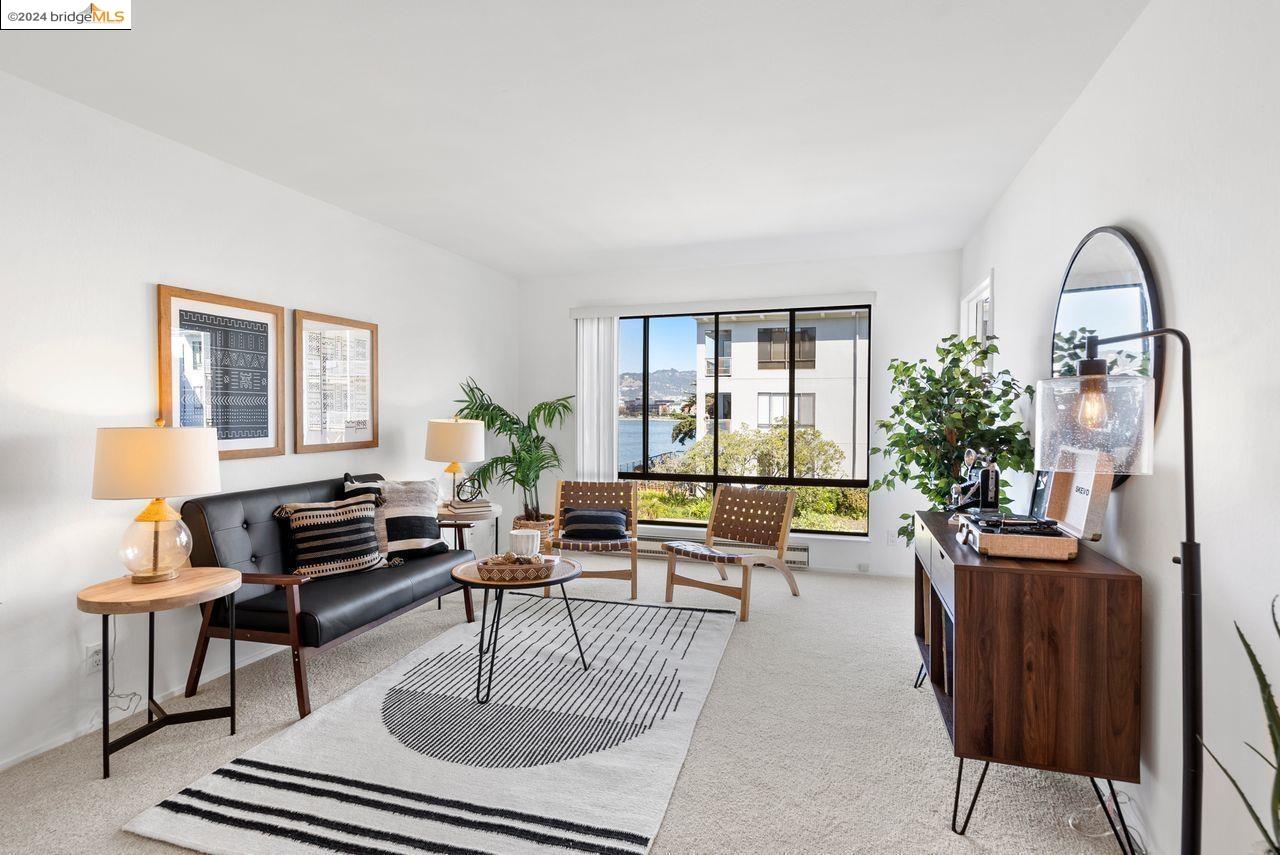 a living room with furniture a rug a potted plant and a window