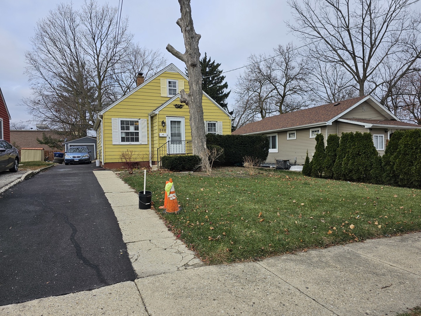 a view of house with a yard and potted plants