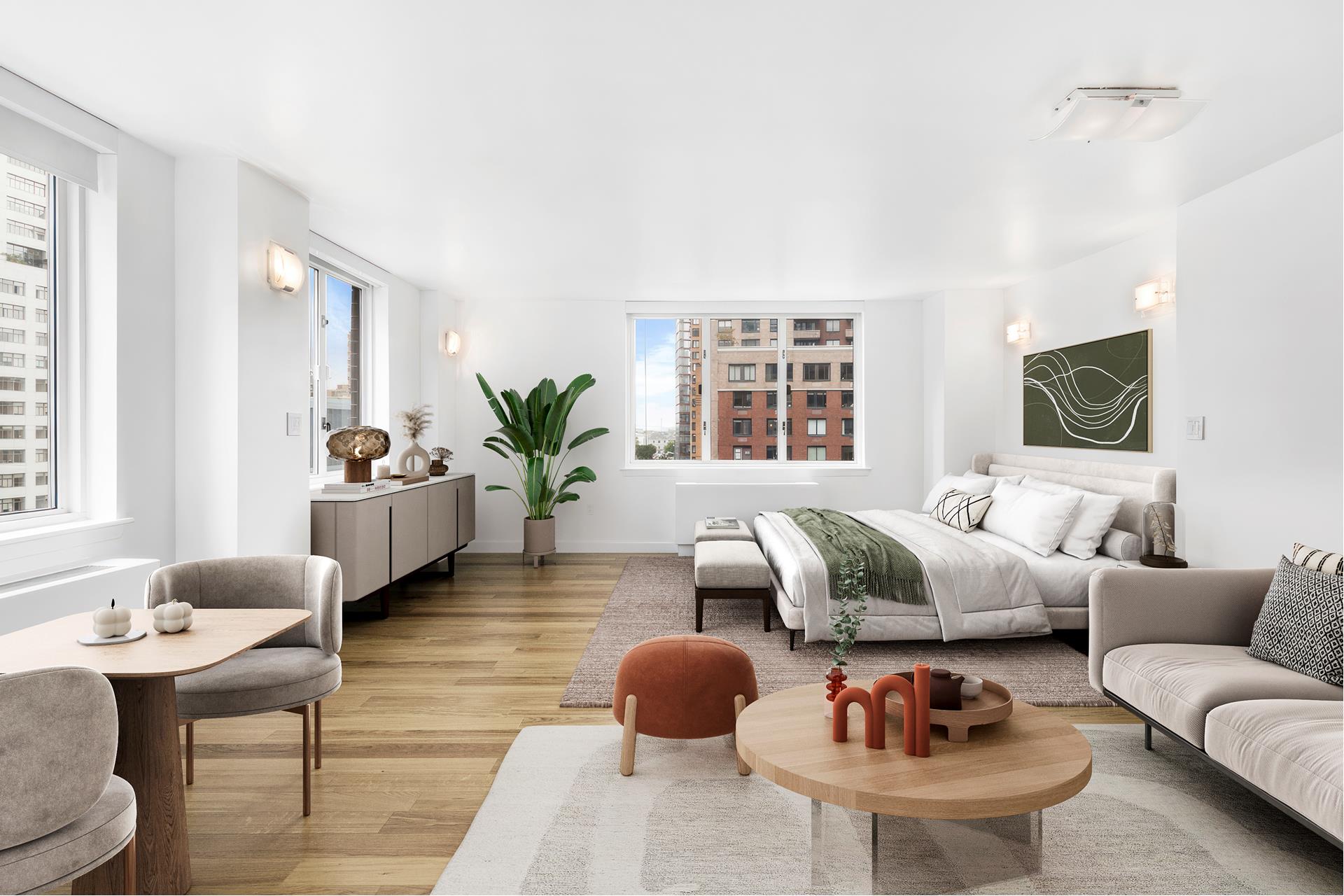 a living room with furniture and a potted plant