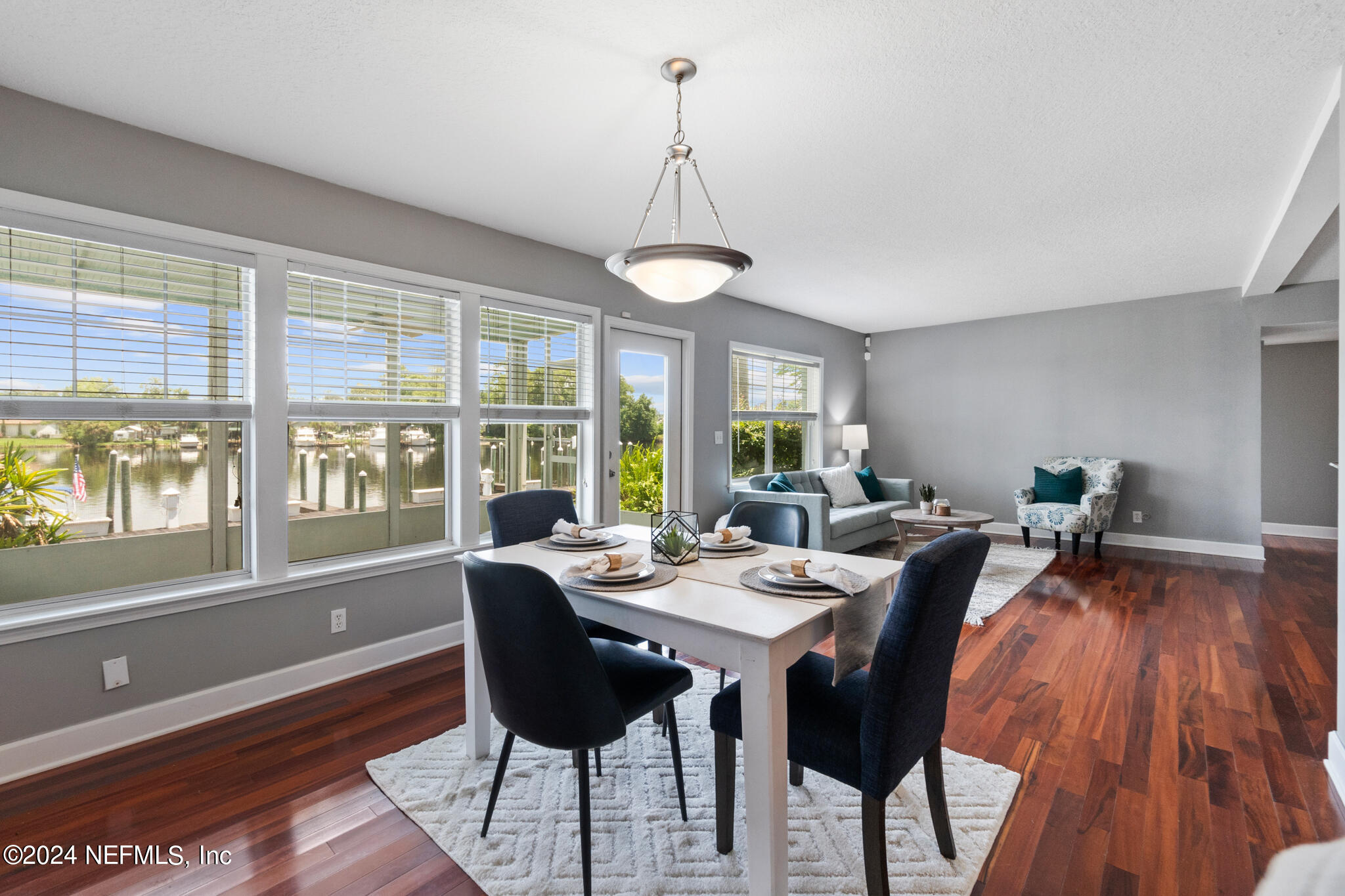 a view of a dining room with furniture window and outside view