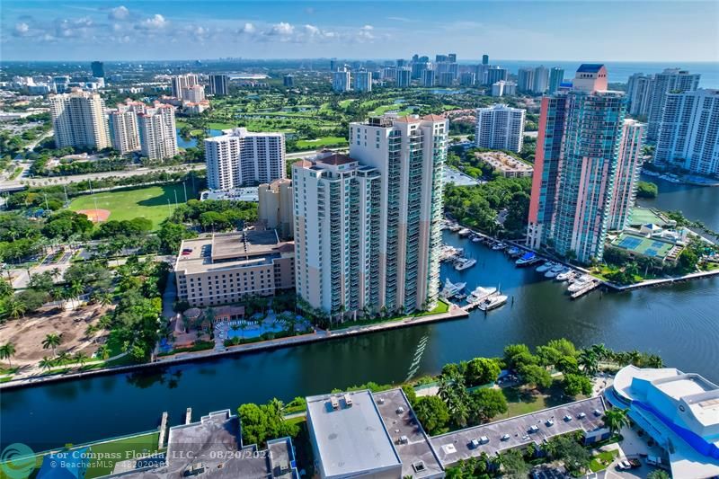 a view of a city and a lake