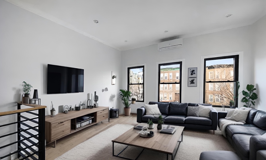 a living room with furniture flat screen tv and a large window