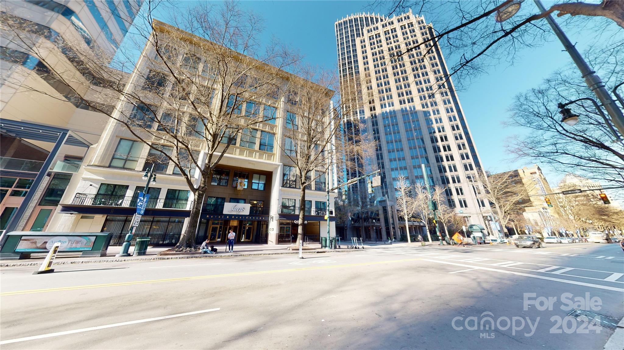 a view of a building and a street