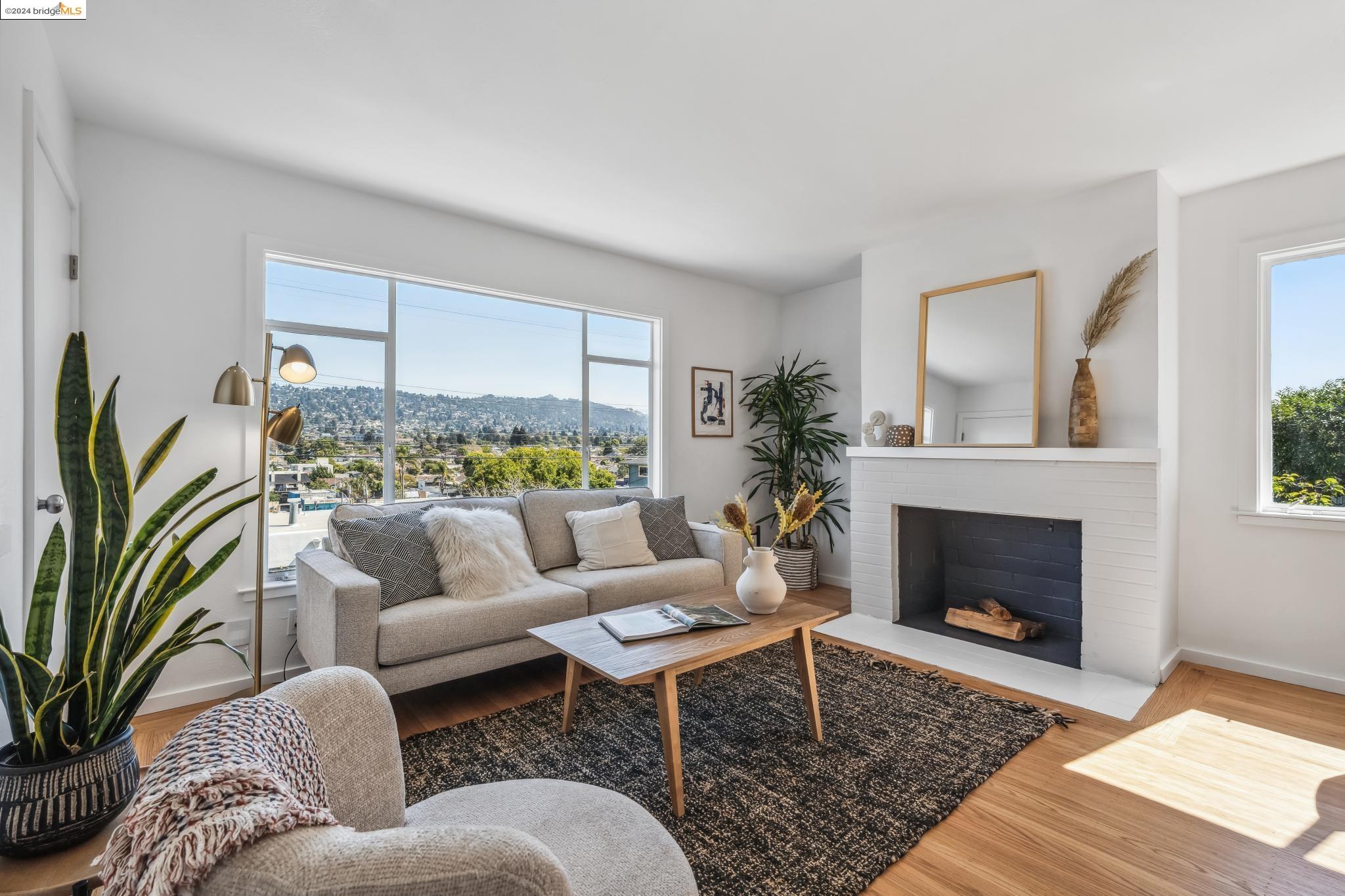 a living room with furniture fireplace and potted plant