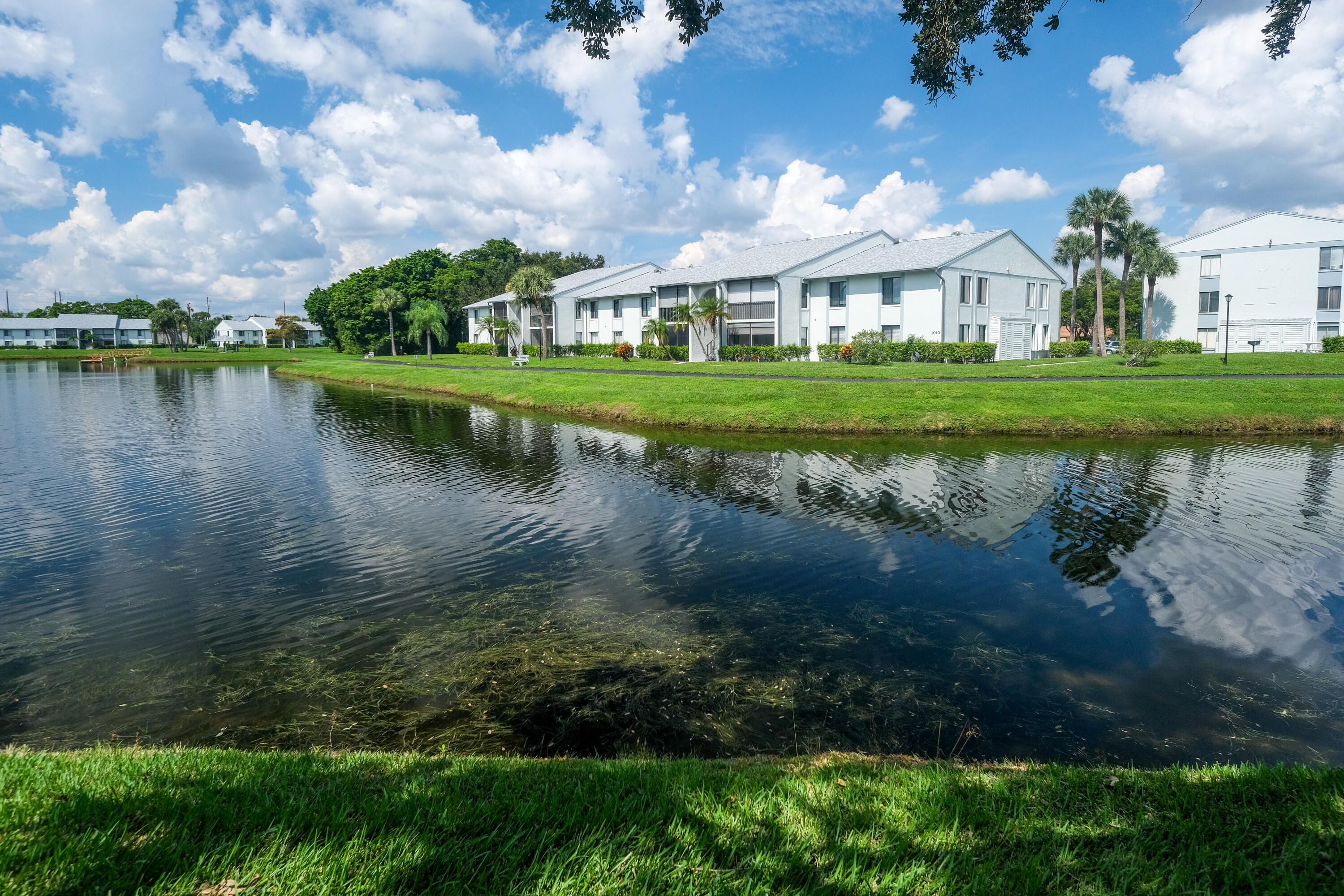 a view of a lake with a house in the background