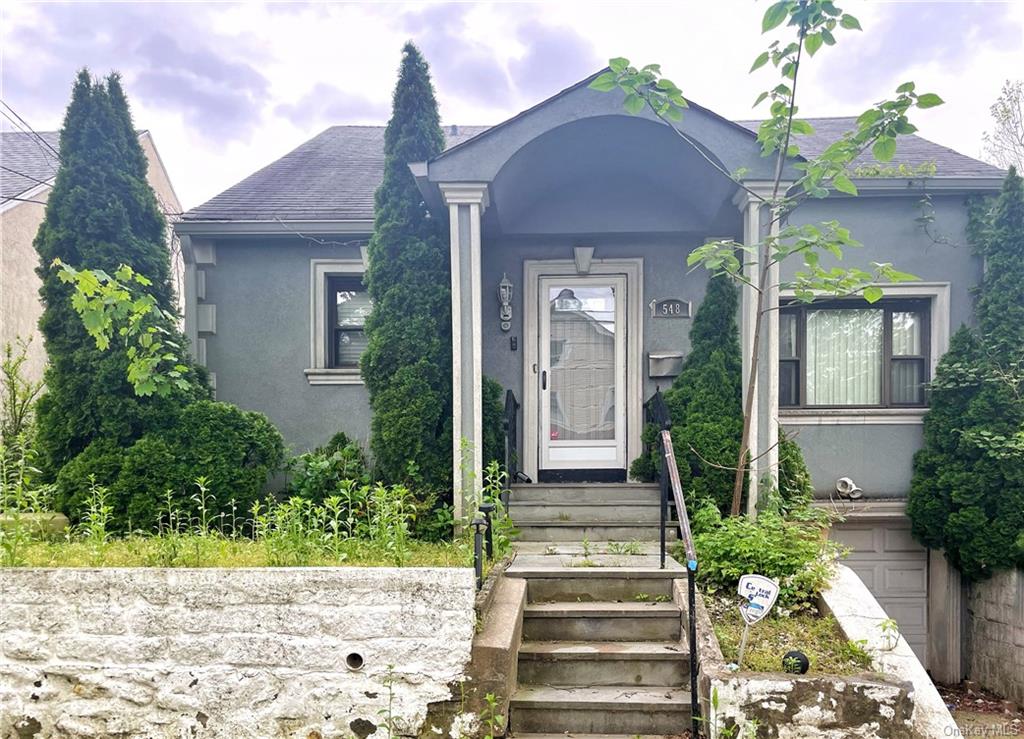 a front view of a house with plants