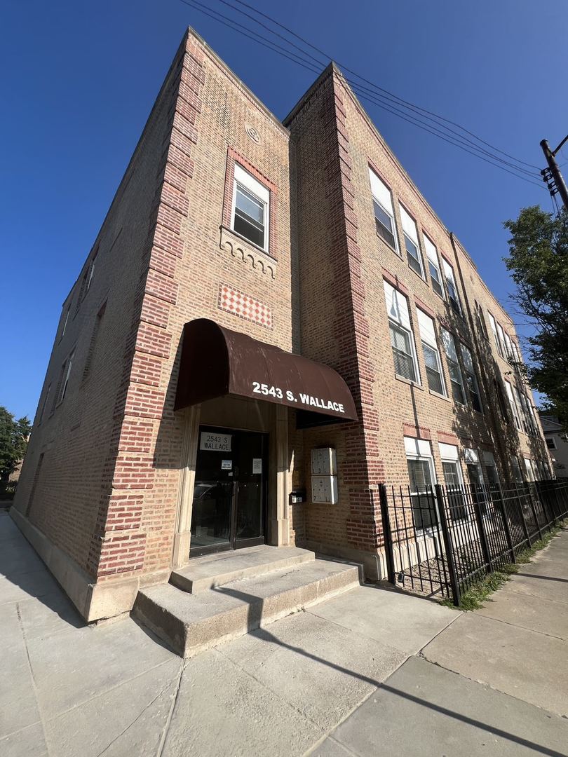 a view of a building with a door