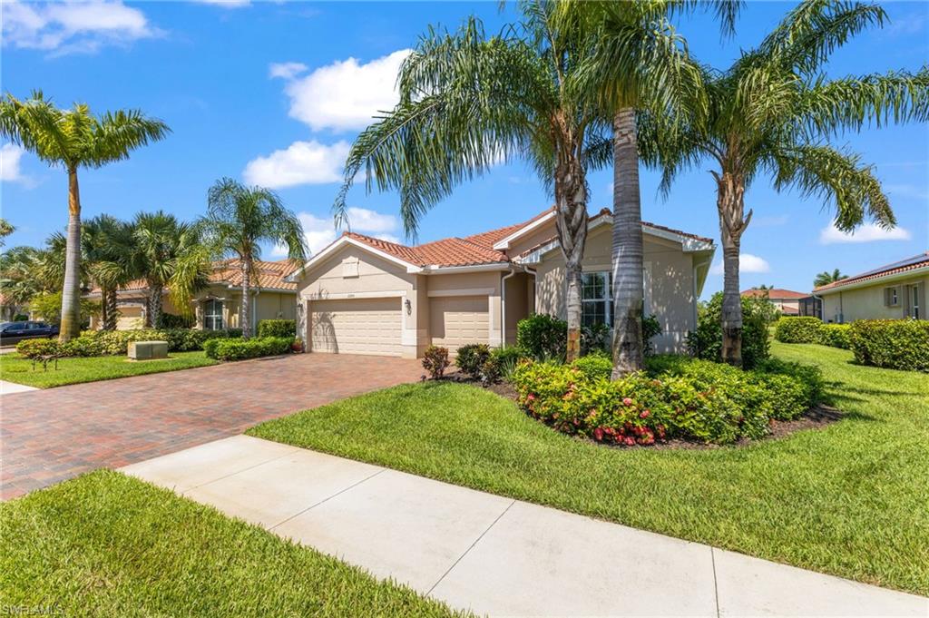 a front view of a house with a garden and palm trees