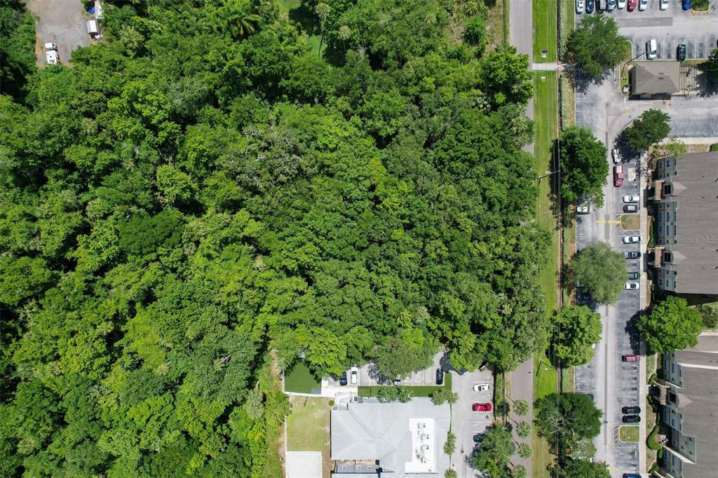 an aerial view of a residential houses with outdoor space and trees