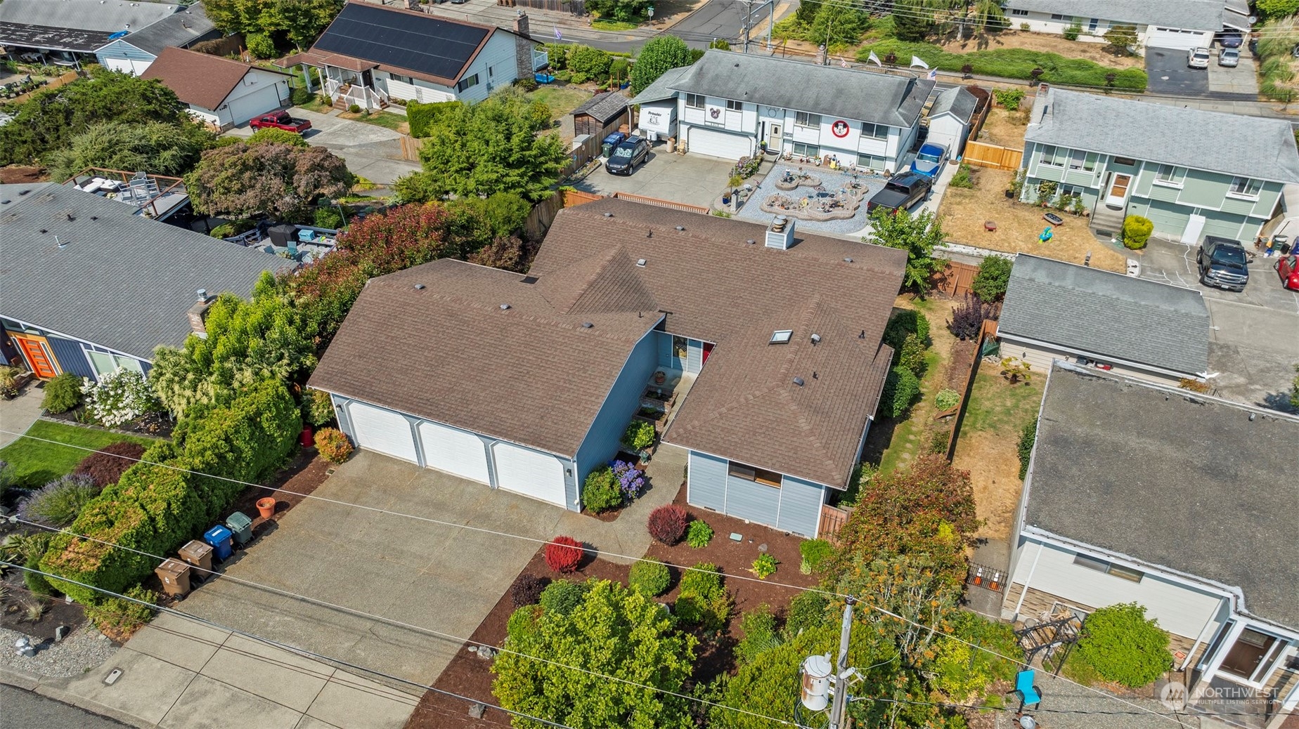 an aerial view of a house with a yard potted plants and large tree