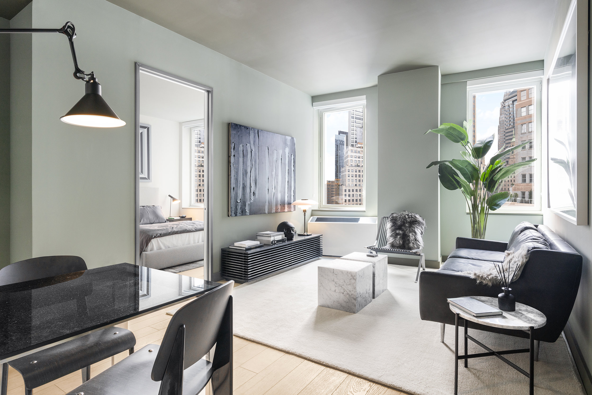 a living room with furniture and a window