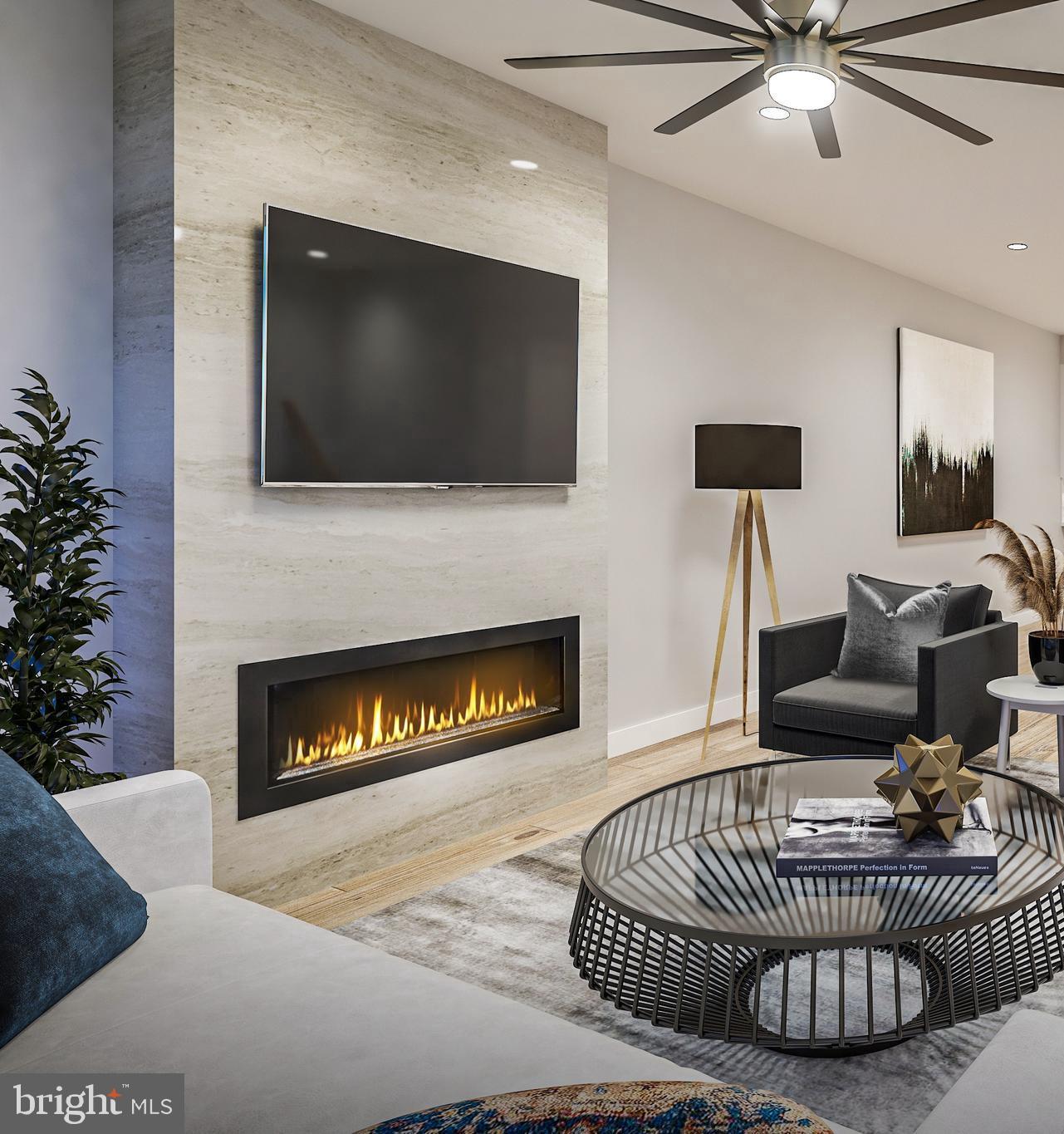 a living room with furniture a flat screen tv and a fireplace