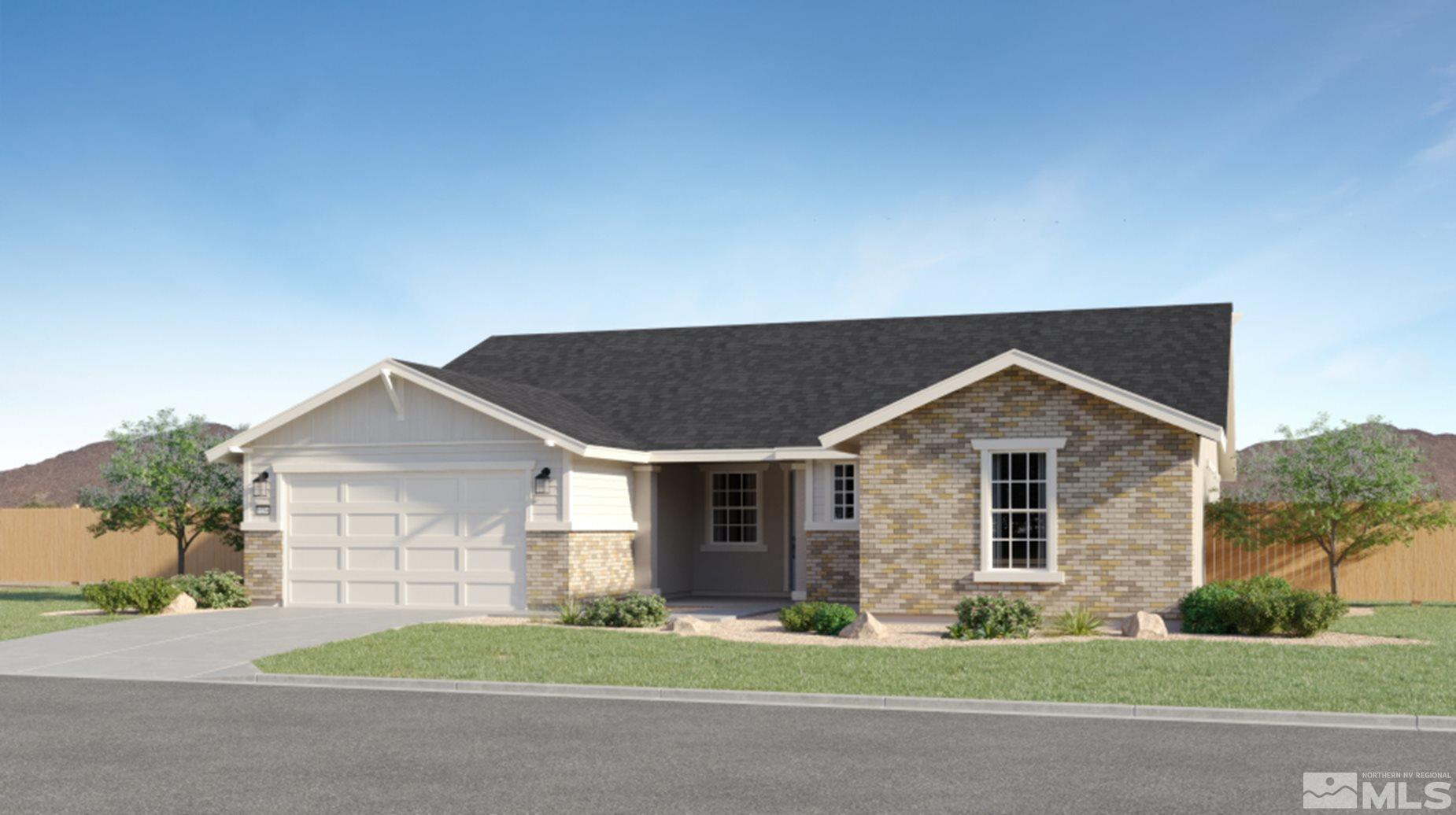 a front view of a house with a garden and garage