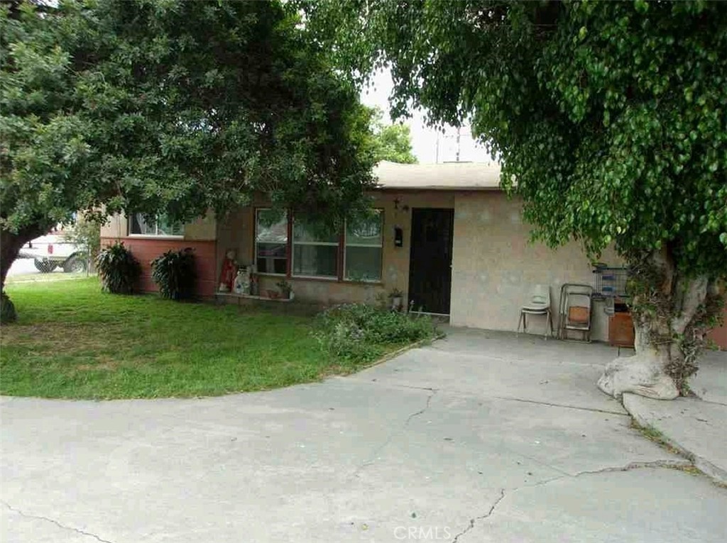 a view of a house with a yard and a large tree