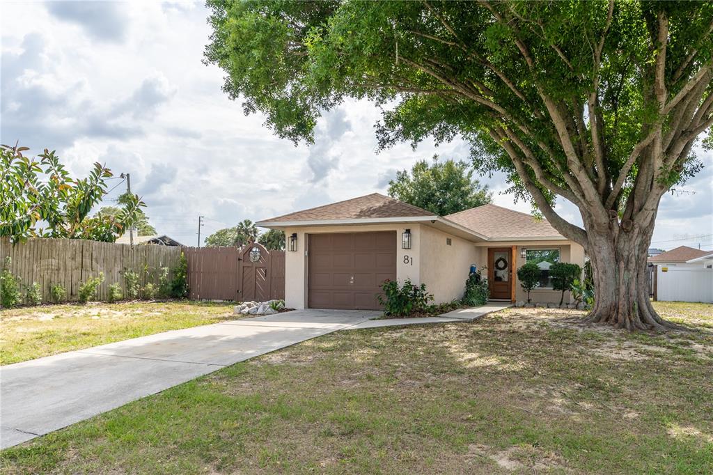 a view of a house with backyard and a tree